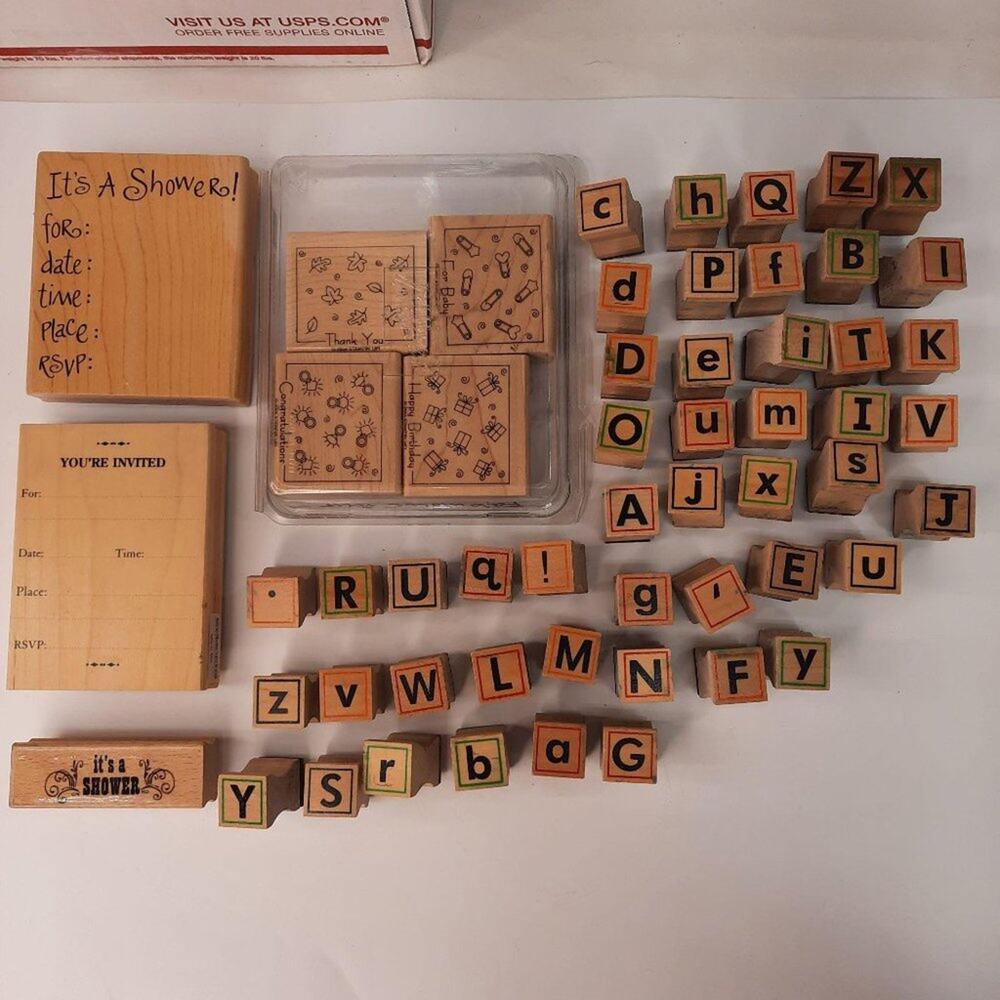 55 Alphabet & Invitation Rubber Stamps on Wooden Blocks